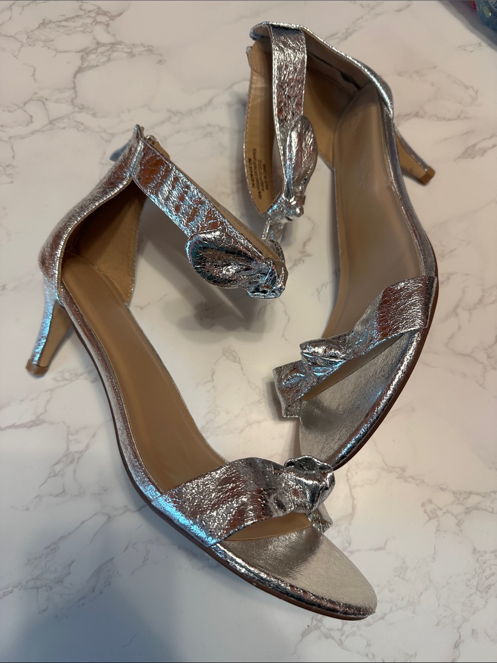 Ashely Stewart Wide Silver Metallic Heels with Ankle Strap and Bow Detail